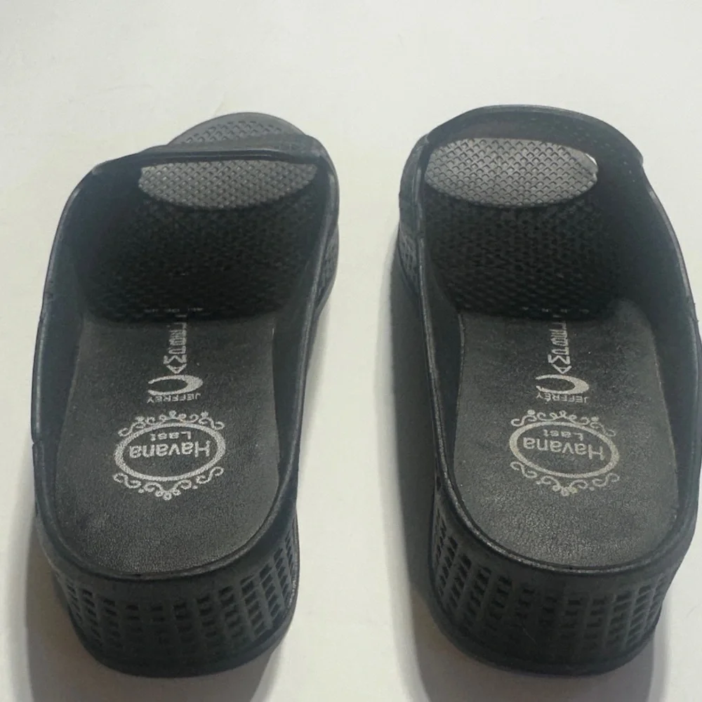 Jeffrey Campbell Havana Last Black rubber fishnet wedge Sandals slip ons size 7